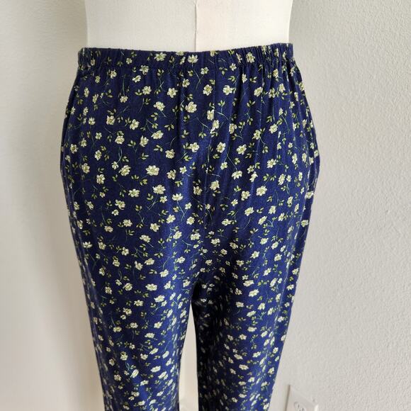 Vintage 90s Blue Floral Pants High Rise Straight Leg Elastic Grandmacore L/XL - Picture 9 of 11